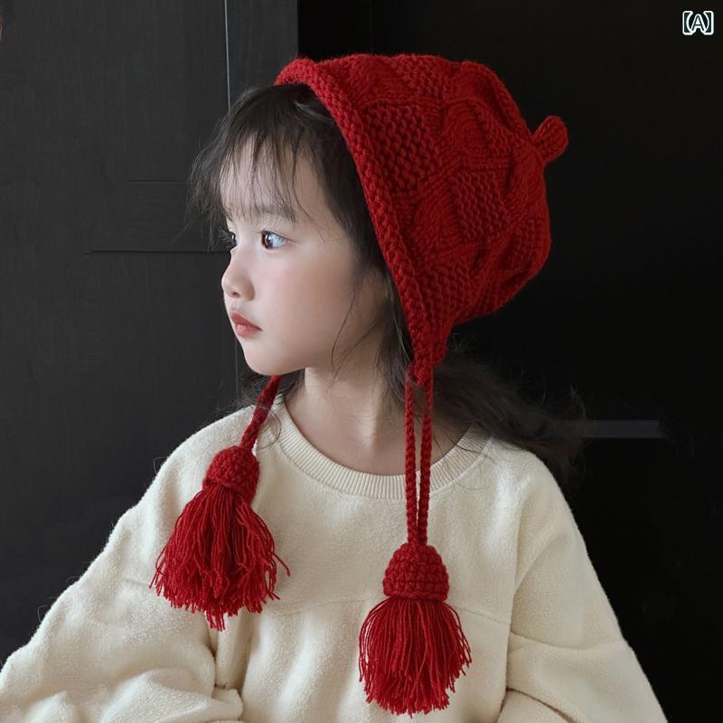 子供用帽子 女の子の 帽子 秋と 冬 暖かい 厚手の かわいい タッセル 吊り下げ タッセル ウール ニット..