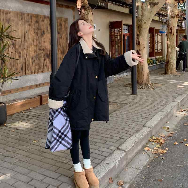 ダウンジャケット レディース 暖かい ダウンジャケット レディース 暖かい ブラック ラムウール パッチワーク ワークウェア パーカー ダウン ジャケット（ レディース） 2024年 冬 新作 ミドル 丈 ホワイトダックダウン ジャケット