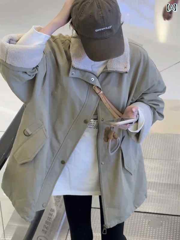 ダウンジャケット レディース 暖かい ダウンジャケット レディース 暖かい スタンド カラーの 厚手の ミドル 丈 パーカー ウィンドブレーカージャケット、 レディース 秋 冬 新作、 ゆったり スリムな ラムウールの トップス トレンド