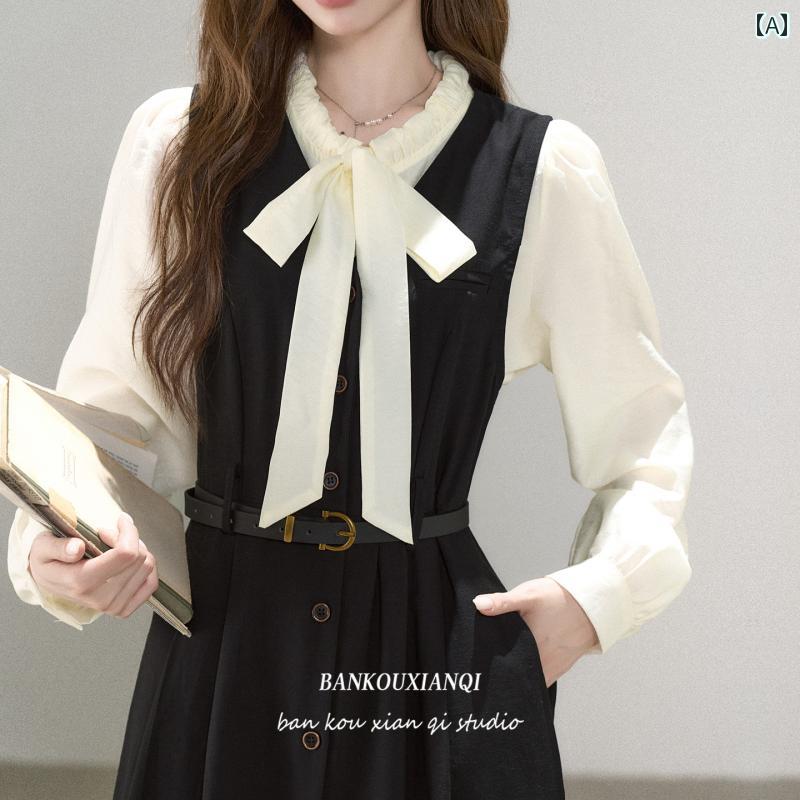 リボン ワンピース レディース 半 口 仙 女 秋の 新作 フランス 小 香 風 高級 リボン ベスト ドレス シャツ ツーピース スーツ