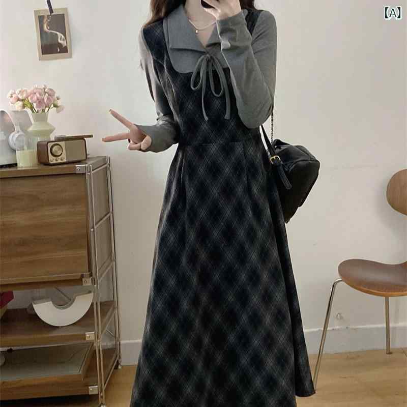 リボン ワンピース レディース フランスの フェイク ツーピース スーツ スカート 大きい サイズレディース 秋 冬 ヘップバーン スタイル スリム 長袖 チェック 柄 ドレス