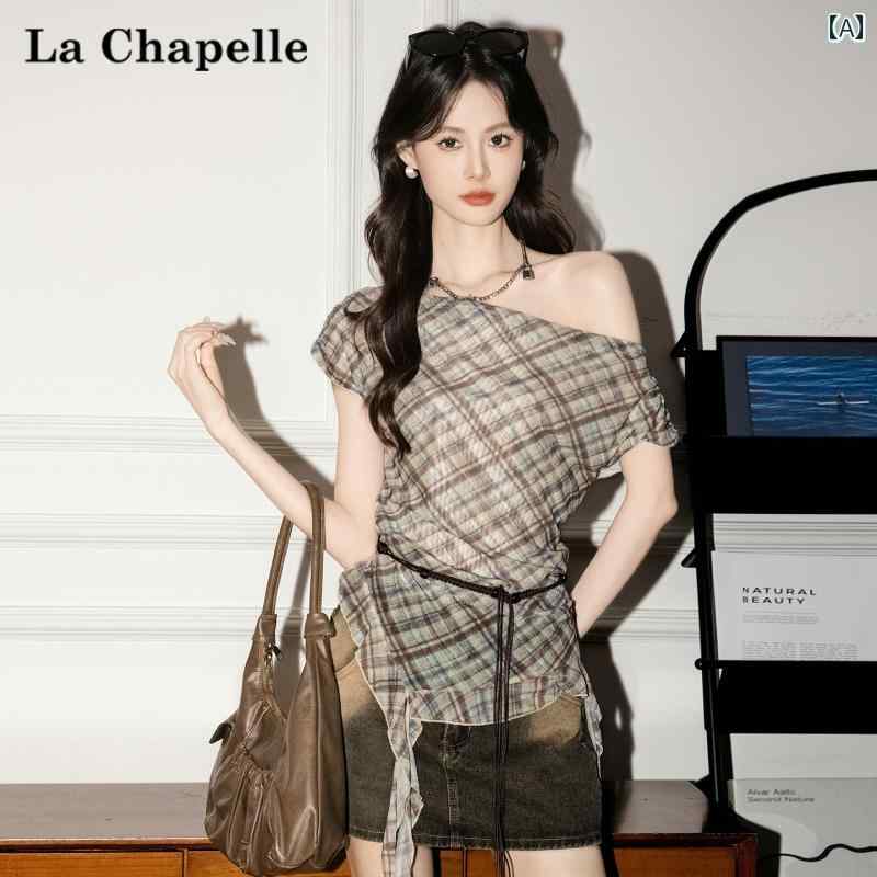 La Chapelle 韓国 風 チェック 柄 斜め 襟 オフショルダー ベスト レディース 2025年 夏 新作 不規則 リボン スリムフィット トップスブランド: ラ・シャペル人気の要素：スプライシング、レースアップ、非対称スタイル: ...