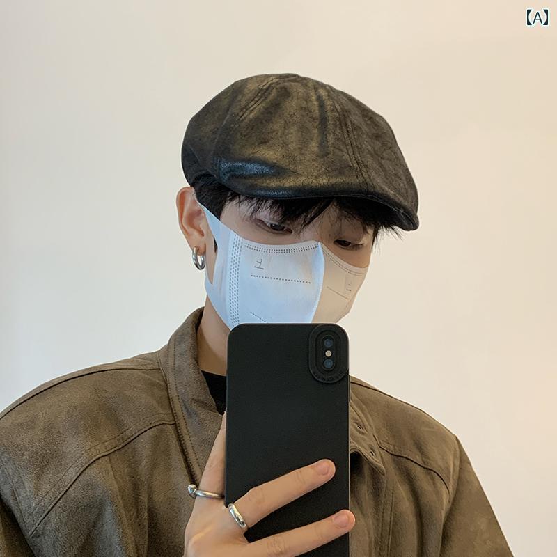 ベレー帽 メンズ レトロ 男性用の 革製 ブラック ベレー 帽、 高級 感が あり、 後ろ向きに かぶる こ..