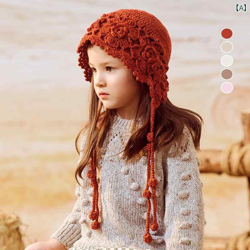 子供用 ニット帽 かわいい 女の子の 帽子、 子供用 ニット 帽、 秋 冬用、 手作りの 花柄 タッセル 付..