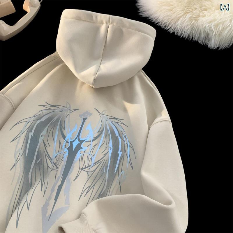 メンズ パーカー アメリカン 発光 翼 プリント ヘビースウェット シャツ メンズ 春秋 ルーズ ヘビー フード 付き トップ ファッション ブランド アメリカ...