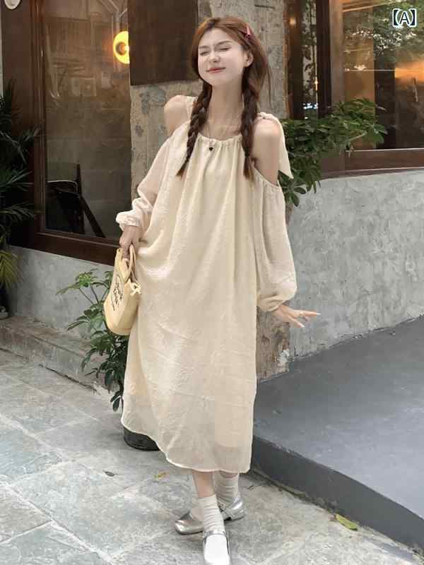 韓国の ストラップ オフショルダー デザイン ドレス、 女性用、 2025年 春 新作、 ゆったり スリム、 レトロ、 優しい ロング スカートブランド: ブランドなし/登録商標なしスタイル: 通勤用通勤者: 韓国人人気の要素/工芸品: レース、リボン、スプライシング、バックレスウエストタイプ: ルーズウエスト生地: その他袖タイプ: レギュラー材質構成: その他材料 100スカートタイプ：Aラインスカート対象年齢：18～24歳スタイル: ティードレス組み合わせ形式: 単品上場年と季節：2023年春袖丈：長袖スカート丈：ロングスカート襟のタイプ: ラウンドネックシルエット：A型パターン: 無地衣服の前立て：ネクタイサイズ：S、M、L、【お気に入りに追加-送料無料保険】色の分類: ロングドレス、ショートドレス