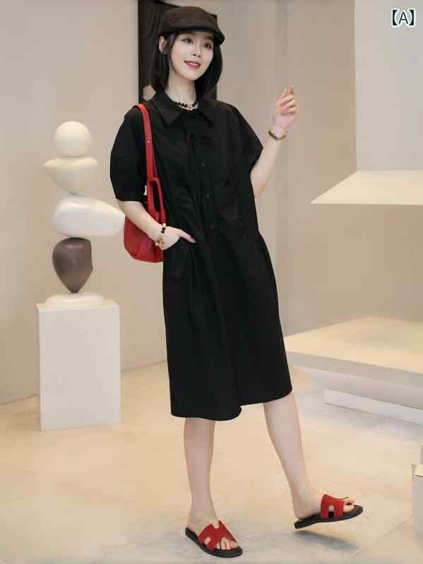 シャツワンピース レディース ヨーロッパ デザインの大きな ポケット 付き ラペル 半袖 ワンピース、 ..