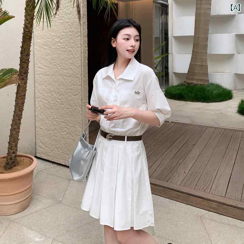 シャツワンピース レディース 韓国 版 カレッジ スタイル 2025 夏の 新作 スリム シャツ プリーツ ベルト スカート レディース デザイン ニッチ ドレス