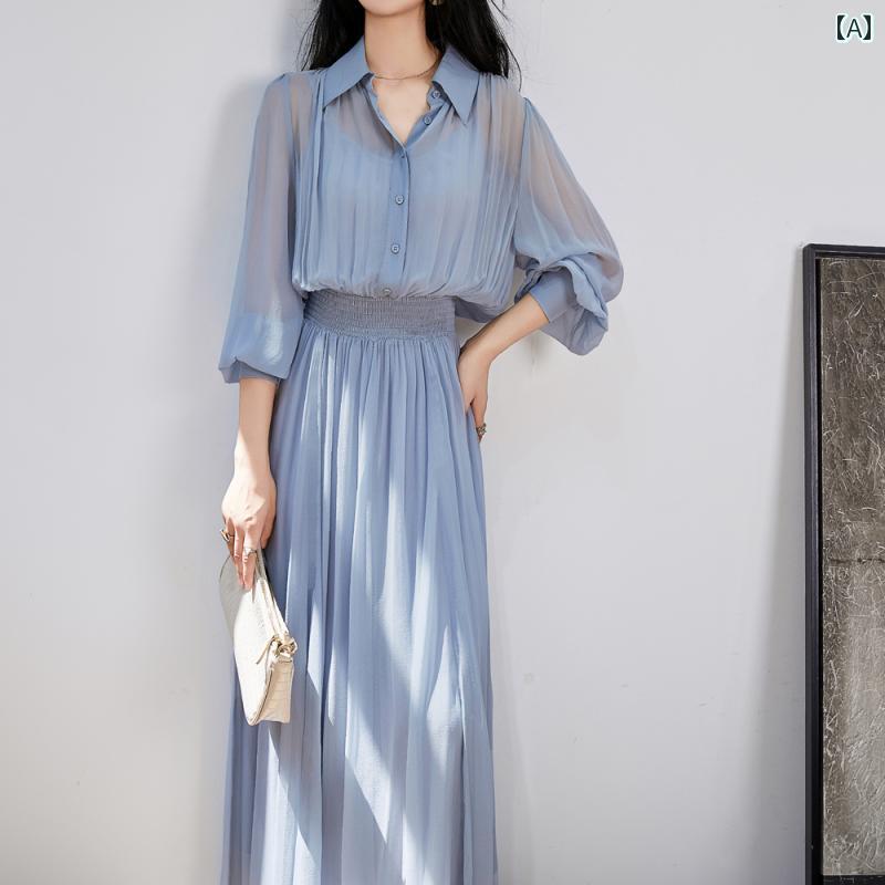 シャツワンピース レディース 夏の 新作 フレンチ レトロ シャツ カラー ブルー シフォン ドレス レディース サマー ロング スーパー スリム A ライン ロング スカート