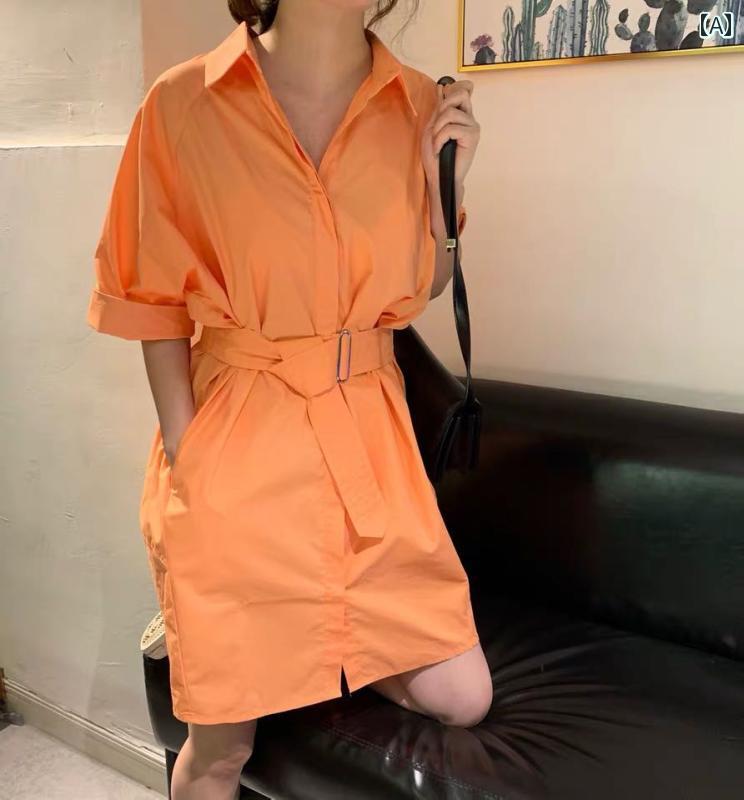 シャツワンピース レディース 2025年 夏の 新作 ポロシャツ ドレス スリム ウエスト オール マッチ ベルト シャツ ドレス 女性らしい 気質 カジュアル