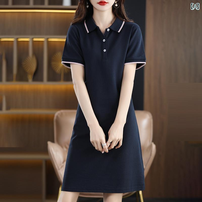 シャツワンピース レディース 春 夏の 新作 無地 レディースポロシャツ カラー A ライン ゆったり スリム ワンピース カジュアル ミドル 丈 スポーツ T シャツ ワンピース