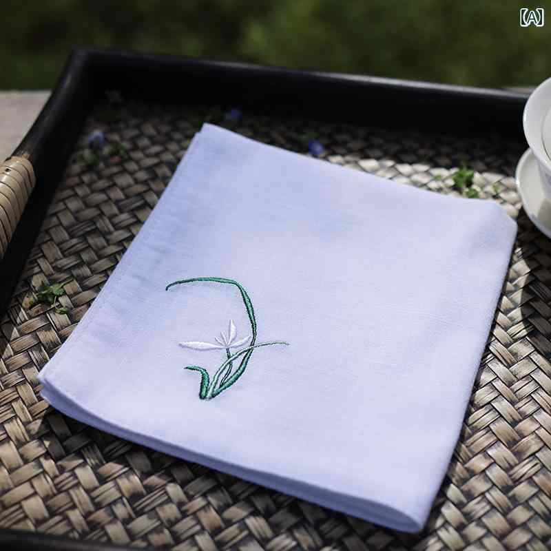 レディース ハンカチ 蘭、 梅、 蘭、 竹、 菊の 古代 スタイルの 刺繍 ハンカチ、 レディース 携帯用 汗 取り ハンカチ、小さな 正方形 タオル、 オールコットン、 汗 拭き ギフト