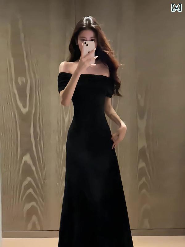 ワンショルダー サスペンダー スカート ロイヤル シスター スタイルの セクシーな オフショルダー 半袖 ドレス 女性 2025 夏の 新作 スリムフィット ワンショルダー ロング スカート