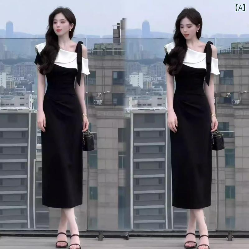 ワンショルダー サスペンダー スカート エレガントな コント ラスト カラーステッチの フリル ワンショルダー ドレス 2025年 夏の 新作 ウエスト スリミング ヒップ スカート