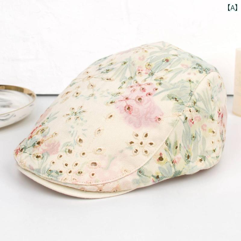 フレンチ ベレー帽 レディーススタイル 通 気性の ための 穴が 開いた、 春と 夏用の 中国 風の 花柄 ..