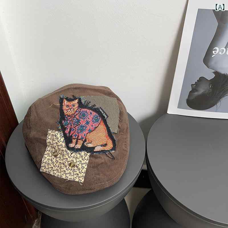 フレンチ ベレー帽 レディーススタイル ミレニア ル 湯たんぽ リベット 子 猫 刺繍 アヒル ビル フォワード 帽子 女性 レトロ コーデュロイ パッチ 古代...