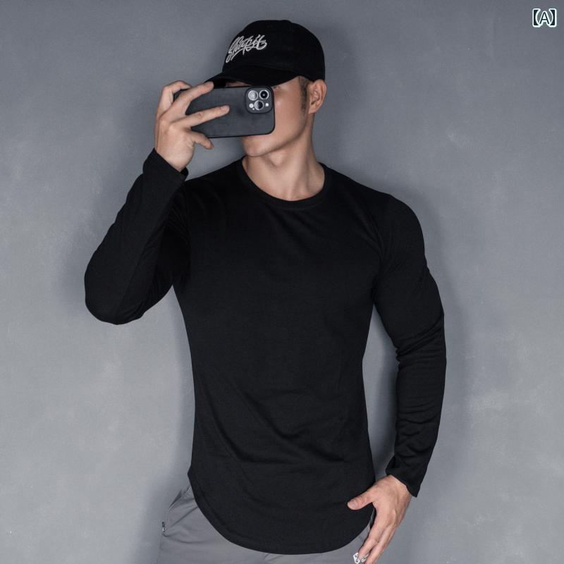 ストレッチ 長袖Tシャツ メンズ 秋の 筋肉 質の メンズ フィットネススポーツ スリム ストレッチ 通 気..