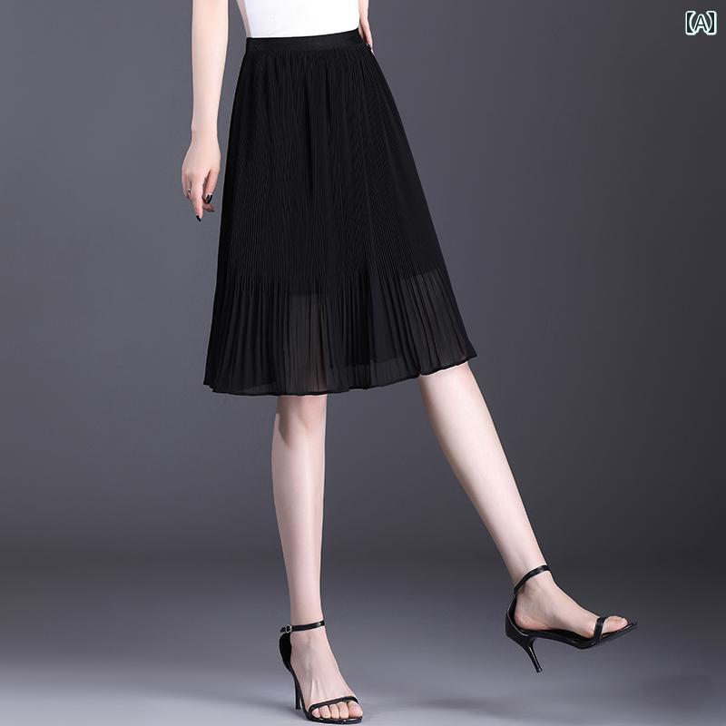 チュールスカート シフォンプリーツスカート 女性の ための 夏 2024 新しい ハイ ウエスト スリム小さな ミッド レングスの 薄い a ライン アンブレラ スカート