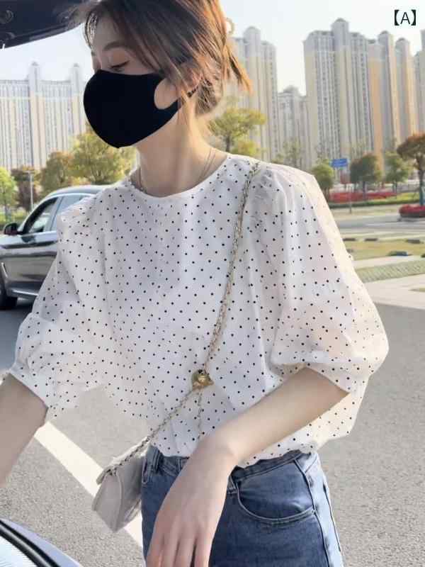 フレンチ ドット柄 シャツ 女性用 ホワイト 半袖 シャツ、 夏の 新作、 花柄 イヤリング、 レース アッ..