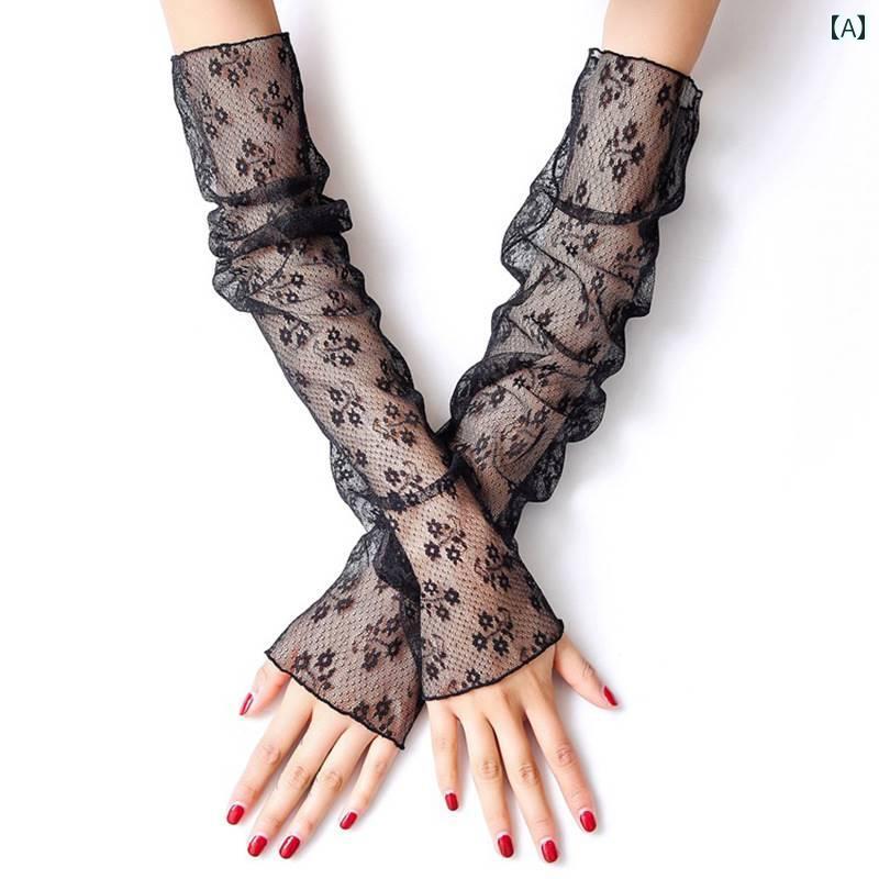 レース手袋 レディース 薄手 フェイク スリーブ、 レース アーム スリーブ、 傷跡を 隠す 手袋、 女性用 薄手 アイス シルク リスト ガード、 夏用 日焼...
