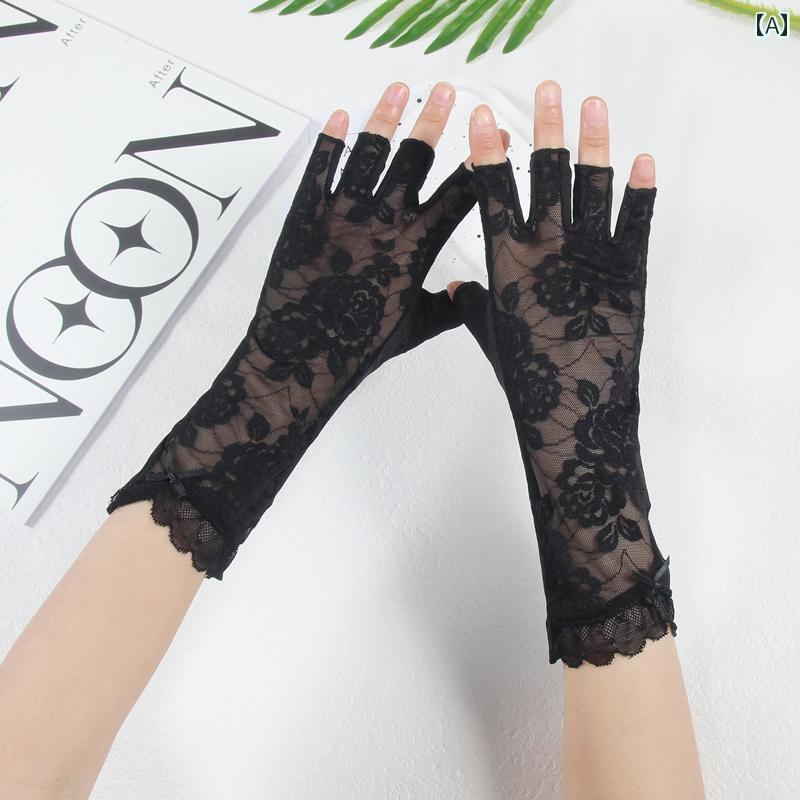 レース手袋 レディース 薄手 レース 半 指 日焼け 防止 手袋、 女性用、 夏用、 運転、 滑り止め、 タッチ スクリーン、 サイクリング、 セクシーな アイス シルク、 薄手、 指なし、 通 気性、 春(4)