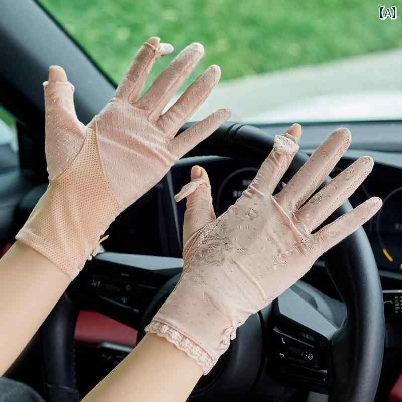 レース手袋 レディース 薄手 女性用 2本 指 レース アイス シルク 日焼け 防止 手袋、 薄型 指なし、 夏の サイクリングと 運転、 滑り止め、 タッチ スクリーンと UV 保護(4)