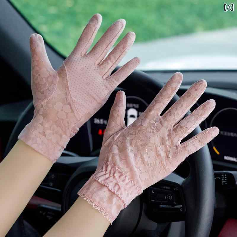 レース手袋 レディース 薄手 夏用 フル フィンガー レース ショート 日焼け 防止 手袋、 女性用、 薄型、 通 気性、 サイクリング、 運転、 滑り止め、 ...