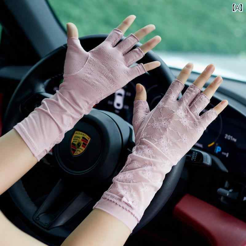 レース手袋 レディース 薄手 女性用 レース 夏用 手袋、 ミディアムと ロング、 運転用 サンバイザー、 半 指 薄型、 通 気性 メッシュ、 指なし、 アイ...