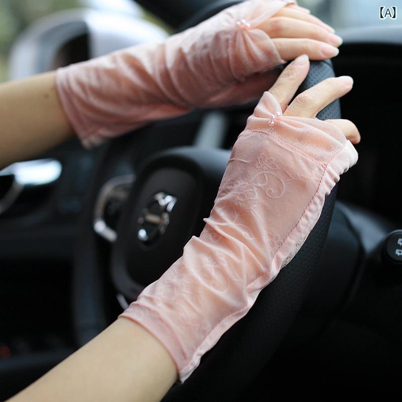 レース手袋 レディース 薄手 伸縮性の ある超 薄型 夏用 女性 ドライバー用 指なし 日焼け 防止 手袋、 ハーフフィンガー レース ハンド ソックス 付き、...
