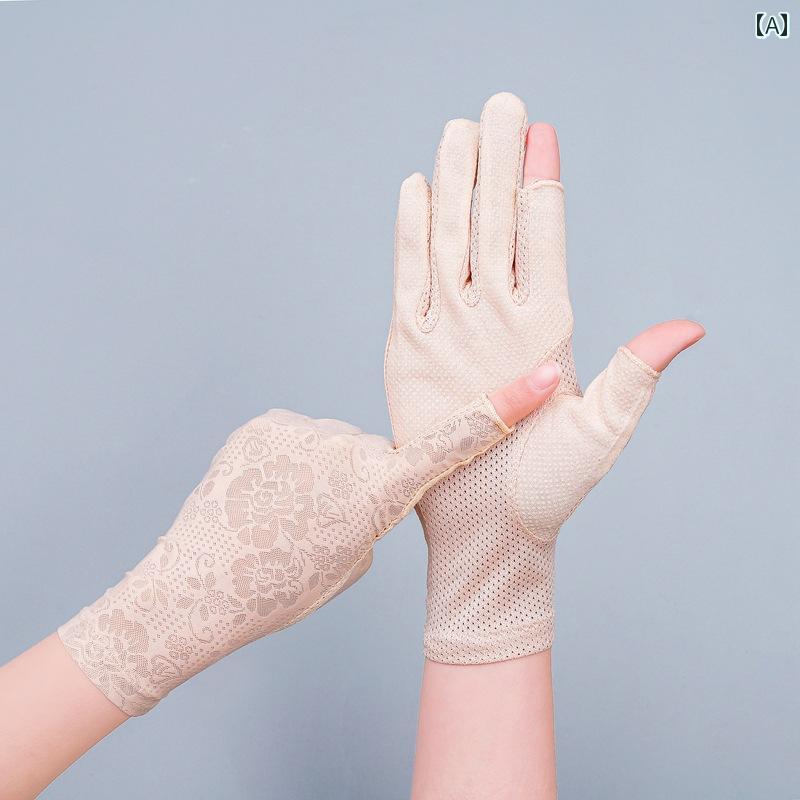 レース手袋 レディース 薄手 日焼け 止め 指なし 手袋、 女性用、 夏用、 薄手、 紫外線 防止、 アイス シルク、 通 気性、 運転、 滑り止め、 タッチ ...