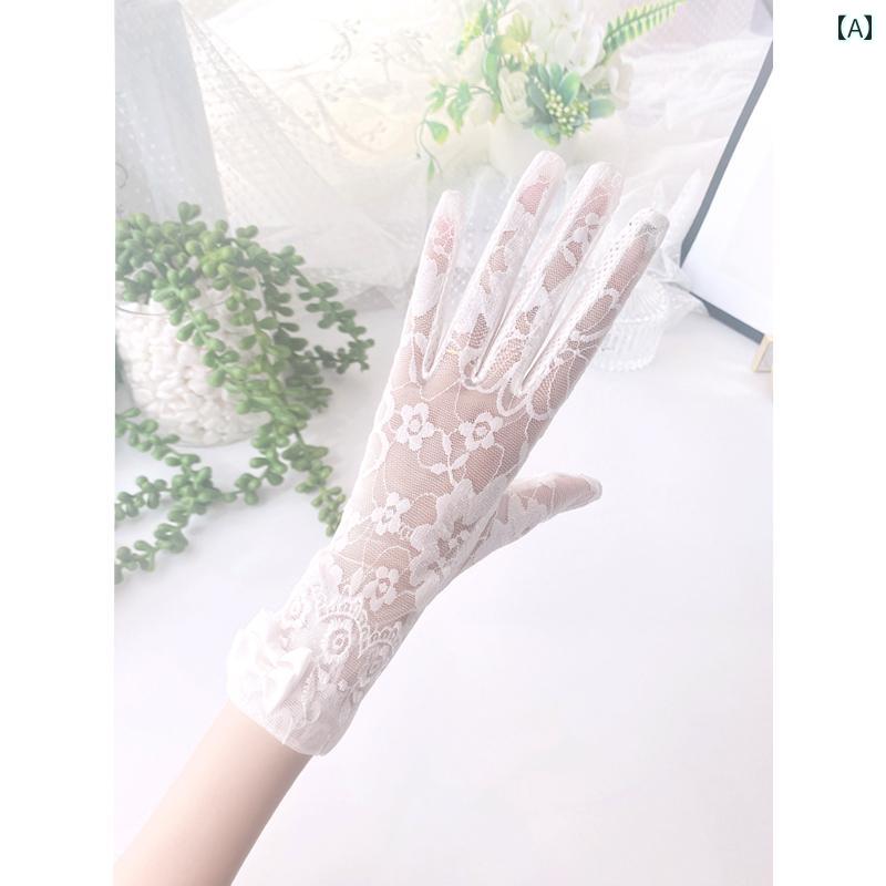 レース手袋 レディース 薄手 女性用 夏用 日焼け 防止 手袋、 薄い 韓国 風 レース、 伸縮性の ある タッチ スクリーン、 滑り止め アイス シルクリボン...