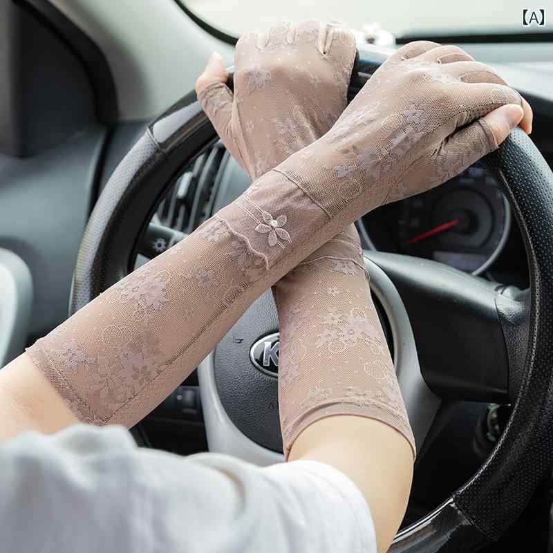 レース手袋 レディース 薄手 夏用 延長 ショート 薄手 レース アイス シルク 日焼け 止め 手袋、 女性用 アウトドア サイクリング バイク用 2本 指 日...