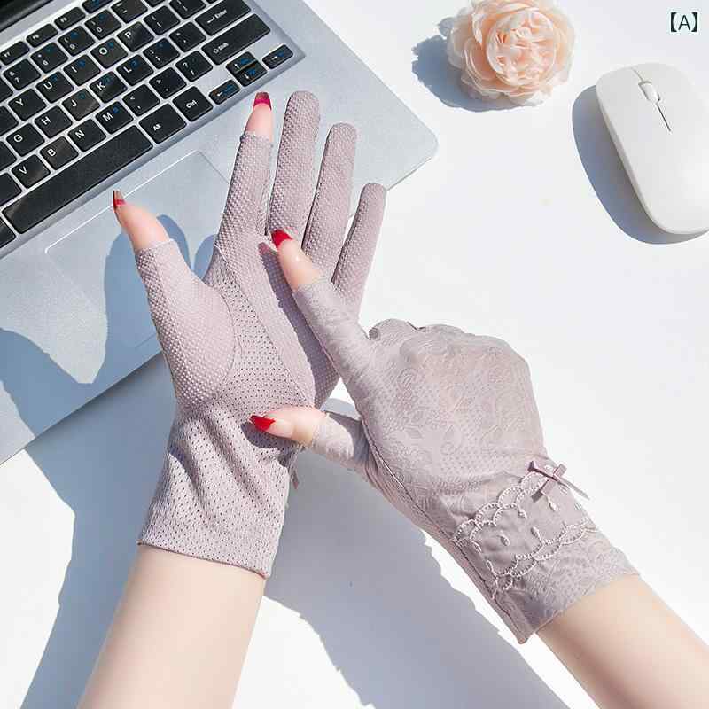 レース手袋 レディース 薄手 2本 指の 夏用 日焼け 防止 手袋、 女性用、 薄い アイス シルク、 サイクリング ハンドガード、 滑り止め、 ハーフフィンガ...