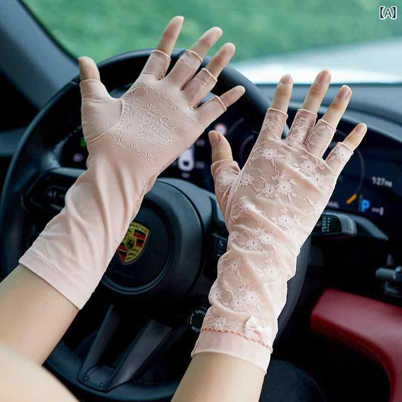レース手袋 レディース 薄手 女性用 ハーフフィンガー 日焼け 防止 手袋 ミドル 丈 夏用 レース 運転・ サイクリング用 滑り止め 指先 露出 薄手 通 気...