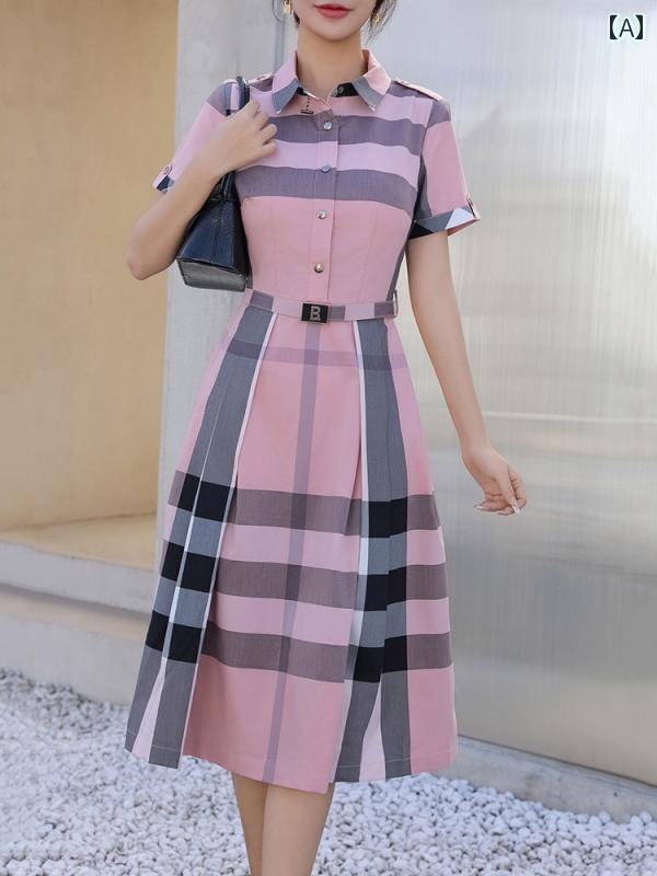 チェック柄 ワンピース ドレス 2024年 夏の 新作、 英国 風の クラシック ファッション、 大きめ チェック 柄、 ウエストを 細く 見せる 万能な レディース ミドル 丈 ドレス