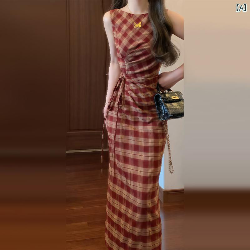 チェック柄 ワンピース ドレス 2025年 夏の 新作、 子供用の 赤い チェック 柄 ノースリーブワンピース、 今年 人気の フランス 風 ロング ワンピース