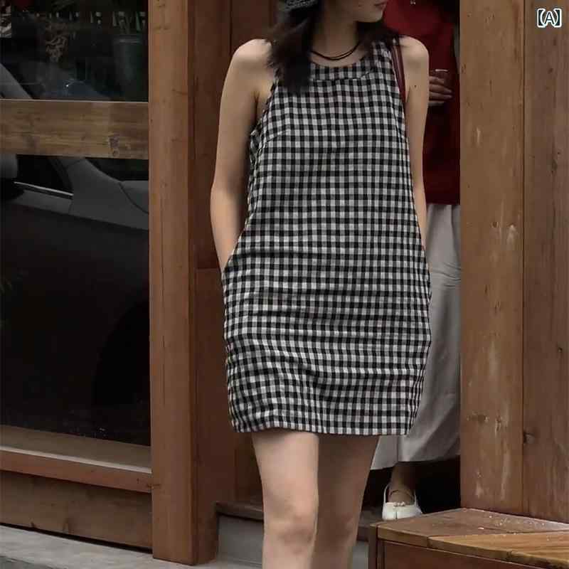 チェック柄 ワンピース ドレス スカート レディース 2024 新しい 夏の フランスの ファッション カジュアル デザイン ミディアム 丈 ノースリーブ チェック 柄 ドレス レディース トレンド