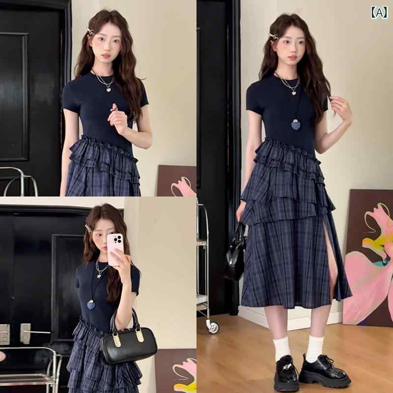 チェック柄 ワンピース ドレス 2025年 夏の 新作 韓国 風 気質 ウエスト 痩せ チェック 柄 つなぎ合わせ フェイク ツーピース ドレス レディース スリット ロング スカート