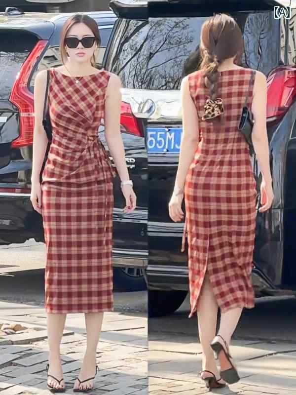 チェック柄 ワンピース ドレス 赤い レトロな チェック 柄の ドレス、 女性用 夏 2025年新 スタイル デ..