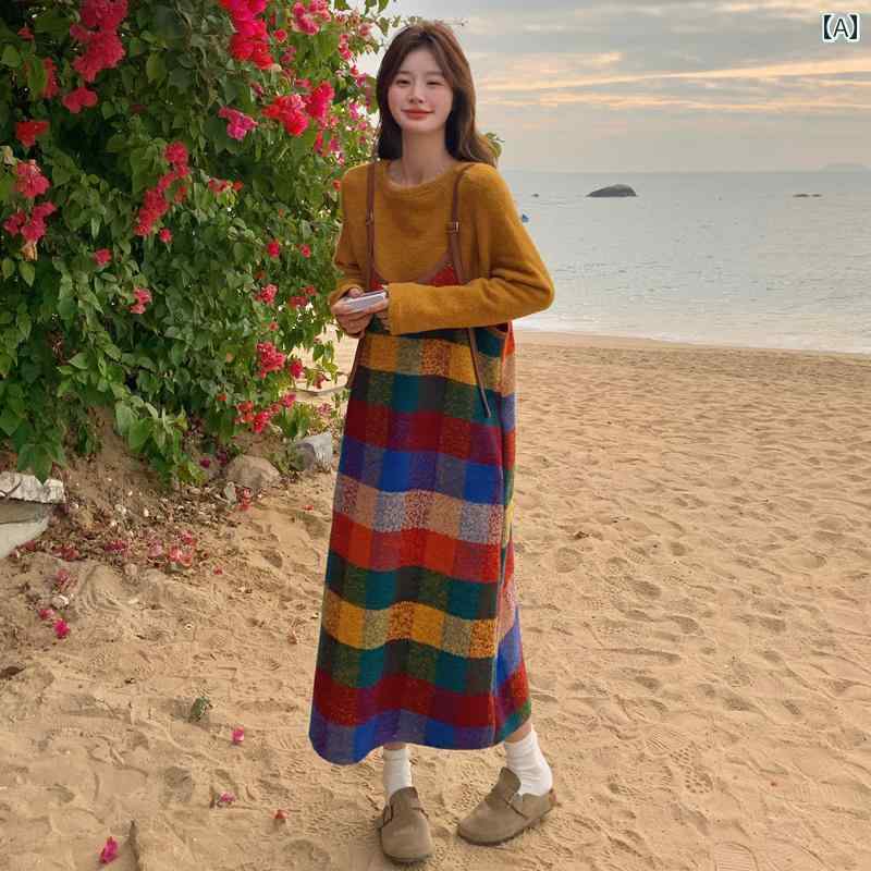 チェック柄 ワンピース ドレス 優しい 服装、 甘い 加齢 臭 軽減 ドーパミン チェック 柄 サスペンダー ロング スカート、 新作 セーター ツーピース ドレス、 女性 春