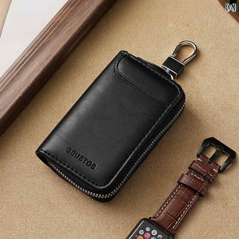 キーチェーンカードホルダー キー バッグ 高級 メンズ シンプル大 容量 腰掛け本 革 ソフトレザー 多 機能 ジッパー キー バッグ カード バッグ 2 in 1(4)