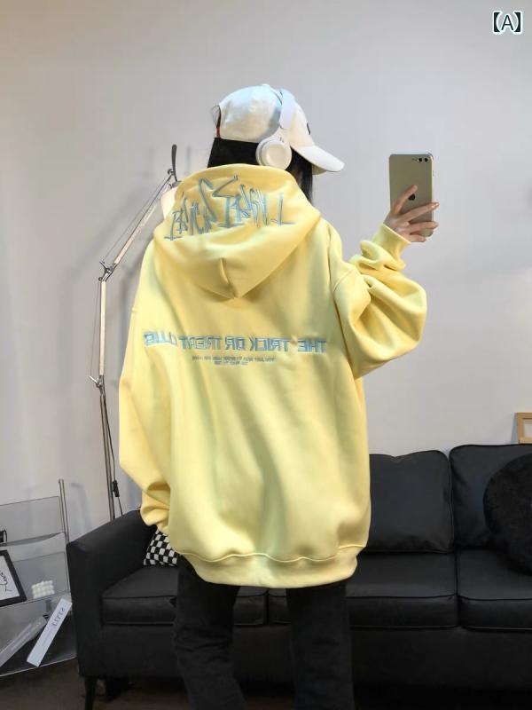 秋冬フード付き パーカー レディース アメリカン レトロ レター 刺繍 フード 付き スウェットシャツ、 男女 兼用、 秋 冬 ハイ ストリート トレンド ブランド、 ゆったり カップル、 ベルベットの 厚手 コート(4)