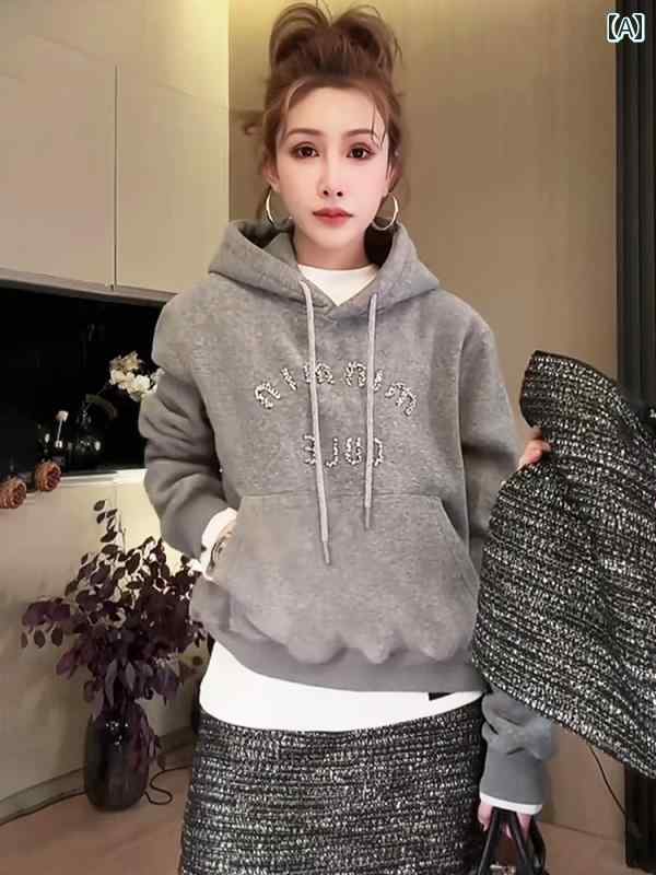 秋冬フード付き パーカー レディース ヘビー レター フード 付き ネイル ダイヤモンド プラス ベルベッ..