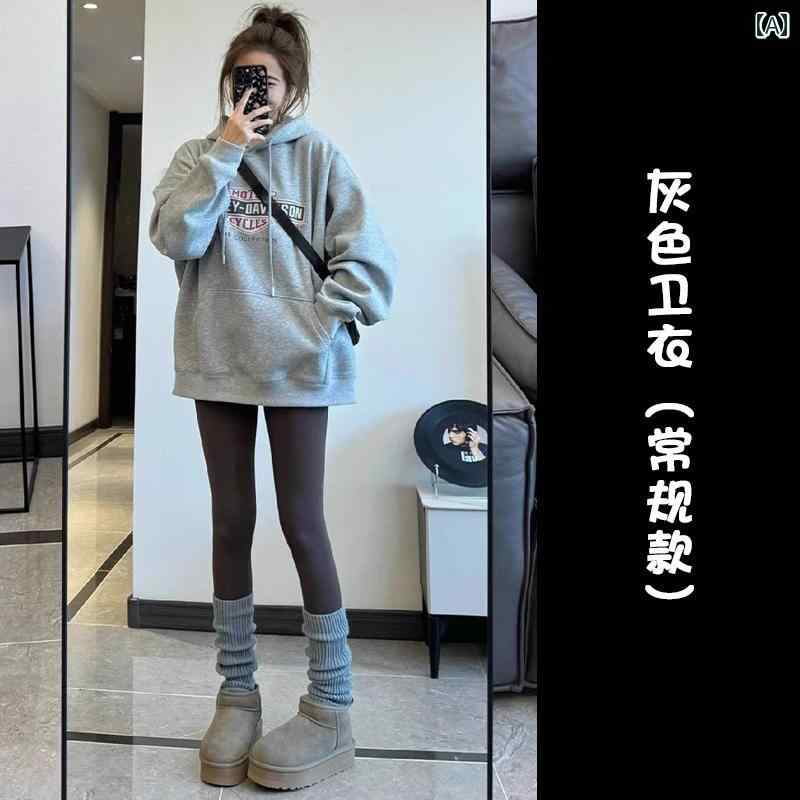 秋冬フード付き パーカー レディース アメリカン レトロ グレー フード 付き スウェットシャツ 女性の ための 春 2024 新しい 緩い 怠 惰な スタイル プルオーバー プラス ベルベット 肥 厚 ジャケット(4)