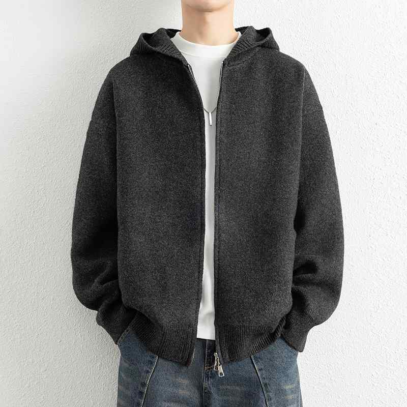 ダブルジッパーフード付きパーカー ニットカーディガン コート メンズ フード 付き 春と 秋の ジャケット メンズ トレンド 冬 高級 ダブル ジッパー ウール...