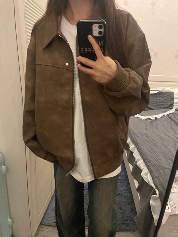 レディース ミリタリージャケット 女性用 スモール ブラウン ラペル ジャケット、 2024年 秋 冬 新作、 アメリカン レトロ 学生用 スエード カップル ジャケット
