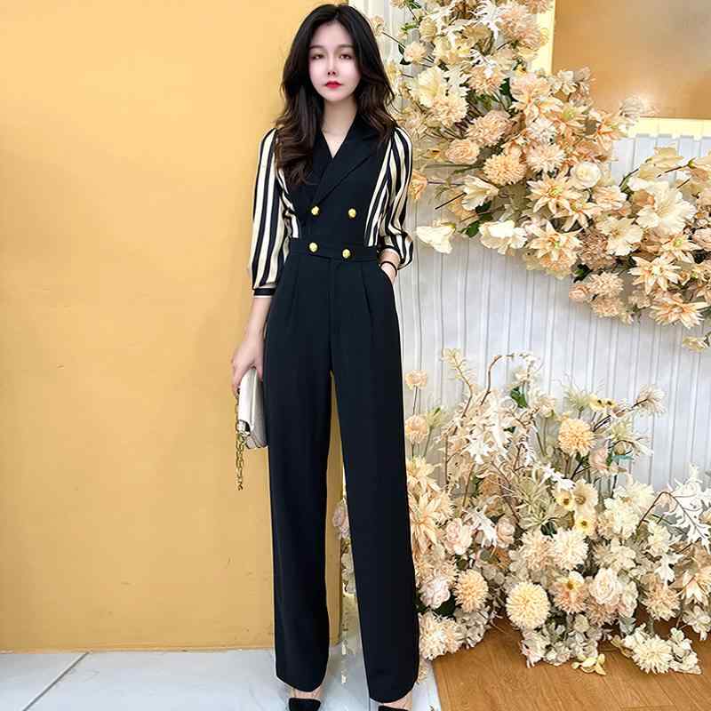 ジャンプスーツ レディース 春の レディース用 高級 ジャンプ スーツ、 ツーピース、 年齢を 感じさせない、 着 痩せ 効果の ある、 ストライプ 柄、 スプライス ジャンプ スーツ、 ワイド レッグ パンツ スーツ