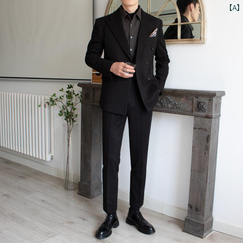 カジュアルスーツ 秋 冬 厚手 ダブルブレスト メンズスーツ セット、 ウェディングドレス、 高級 24歳 フォーマル カジュアル メンズ ウール スーツ