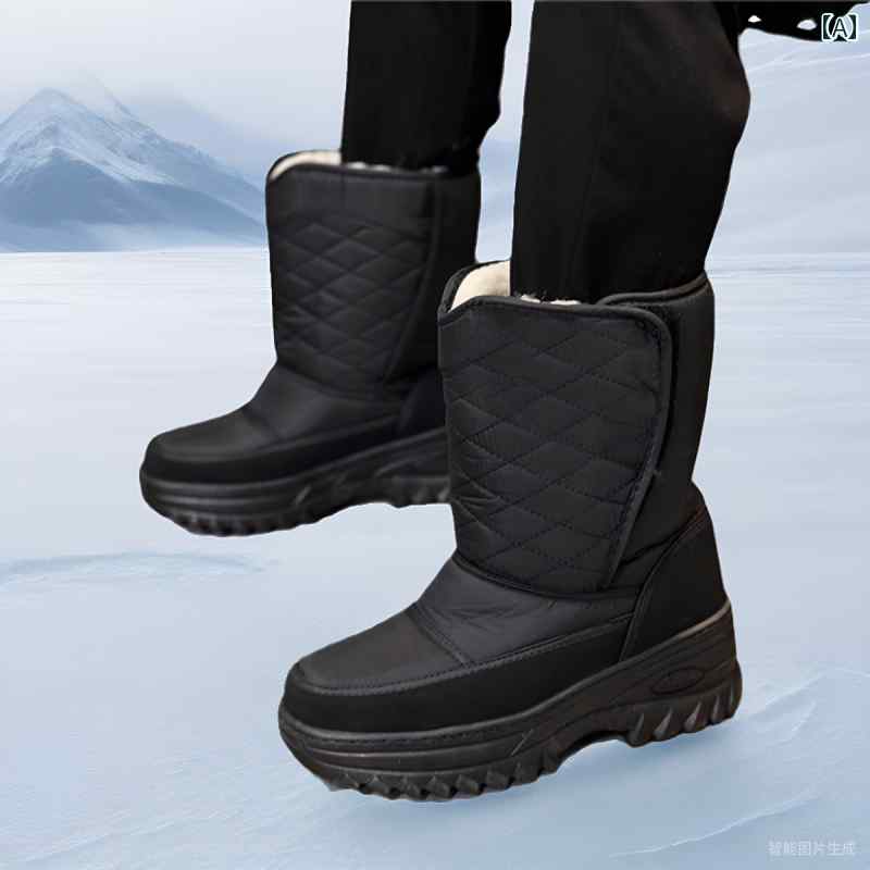 メンズ スノーブーツ 中国 北東 部の 暖かい スノーブーツ、 冬用の 厚 底 滑り止め 綿 靴、 ハイ ウエ..