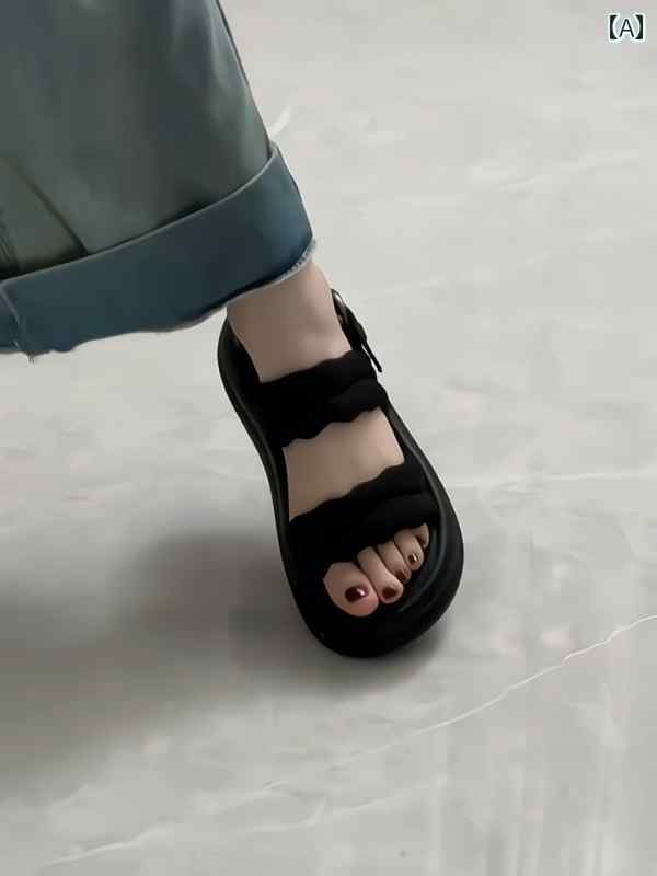 レディースサンダル 2025年 夏の 新しい スタイルの ワンワード バックル プラット フォーム 厚 底 ロ..